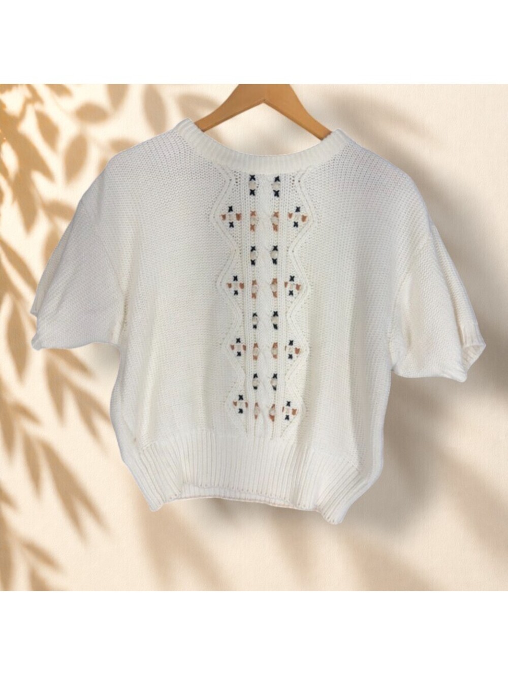 Liz Caliborne Knit Top Women L Large White Geometric Short Sleeve Cotton Casual